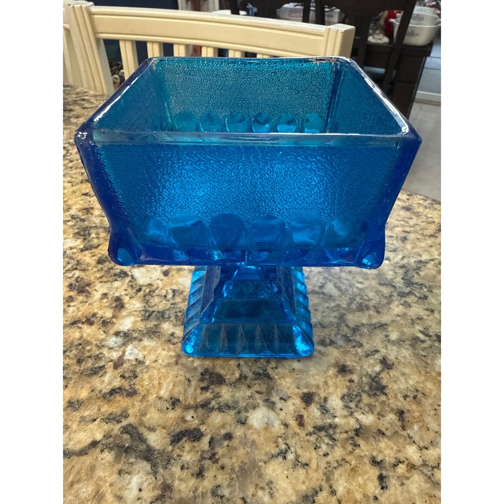 Vintage Blue Square Glass Compote Pedestal Candy Dish Textured 4.75in
